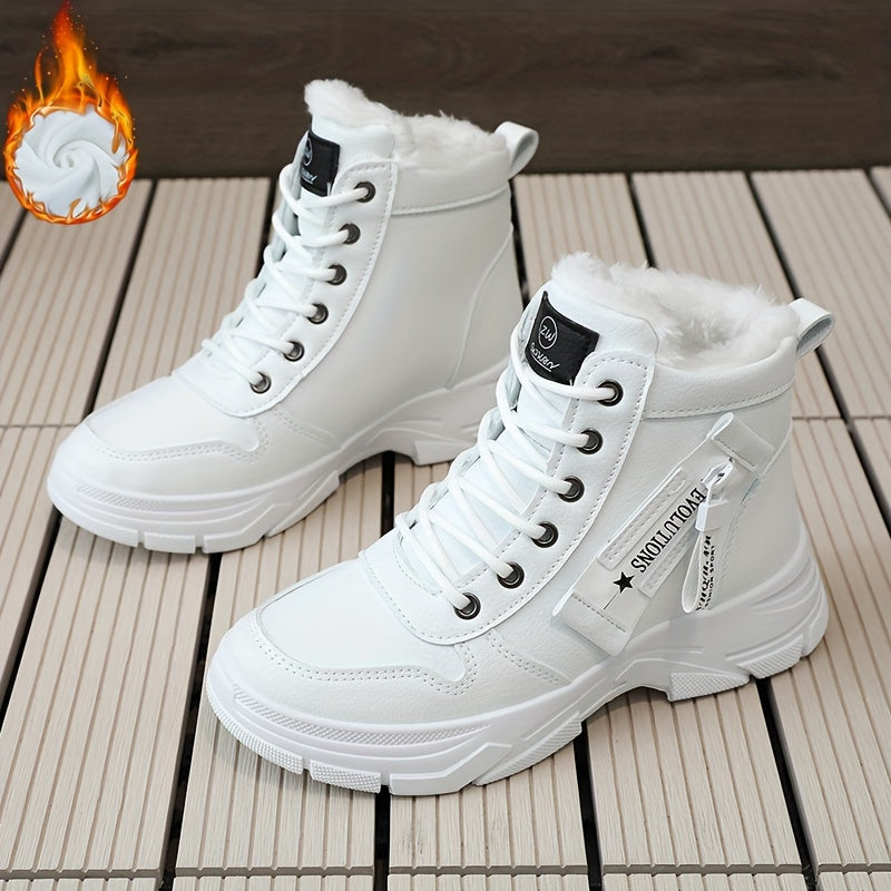 Women's Faux Leather Mid-Top Sneakers with Thick Platform Sole Beige Cold Weather Shoes