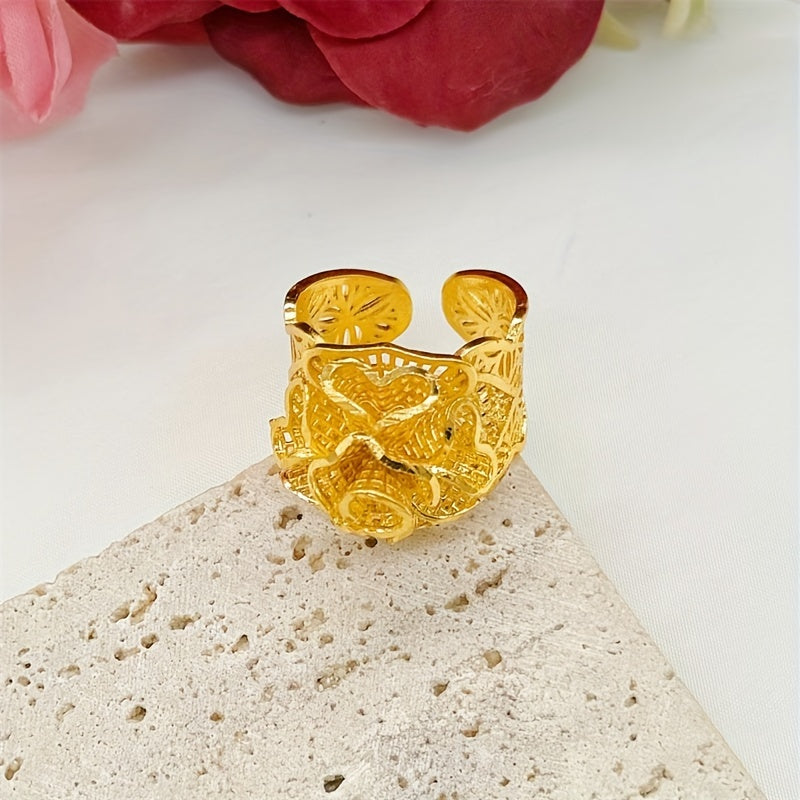 "Zarif Vintage Gul Bo'sh Ochiq Qulf Bilaguzuk va Halqa To'plami, Ayollar uchun 24K Oltin bilan Hashamatli Qoplangan. To'y Partiyalari uchun Mukammal Mis Guli Zargarlik, Toshlarisiz O'zgartiriladigan O'rta Sharq Dubay Uslubi. Har Mavsum uchun Ideal, "