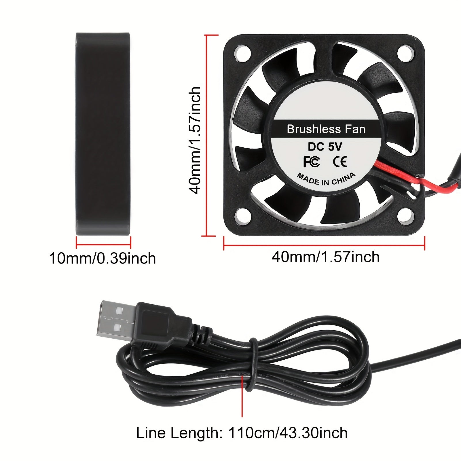 Set of 2 40mm x 10mm USB Brushless Cooling Fans Black Red White Wires