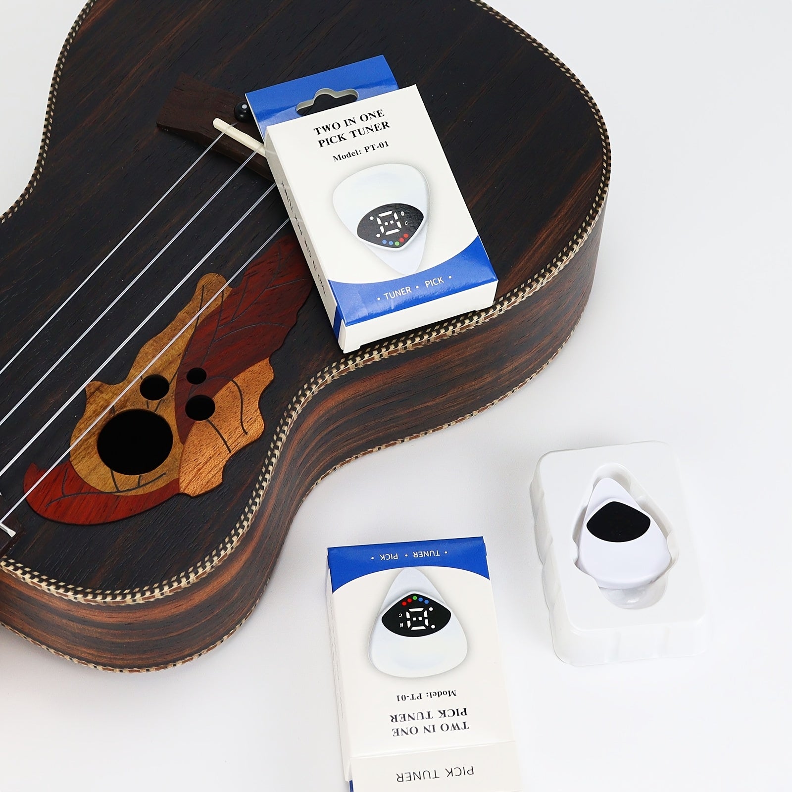 Guitar Tuner and Pick Combo Digital Display for Folk Guitar and Ukulele White Plastic