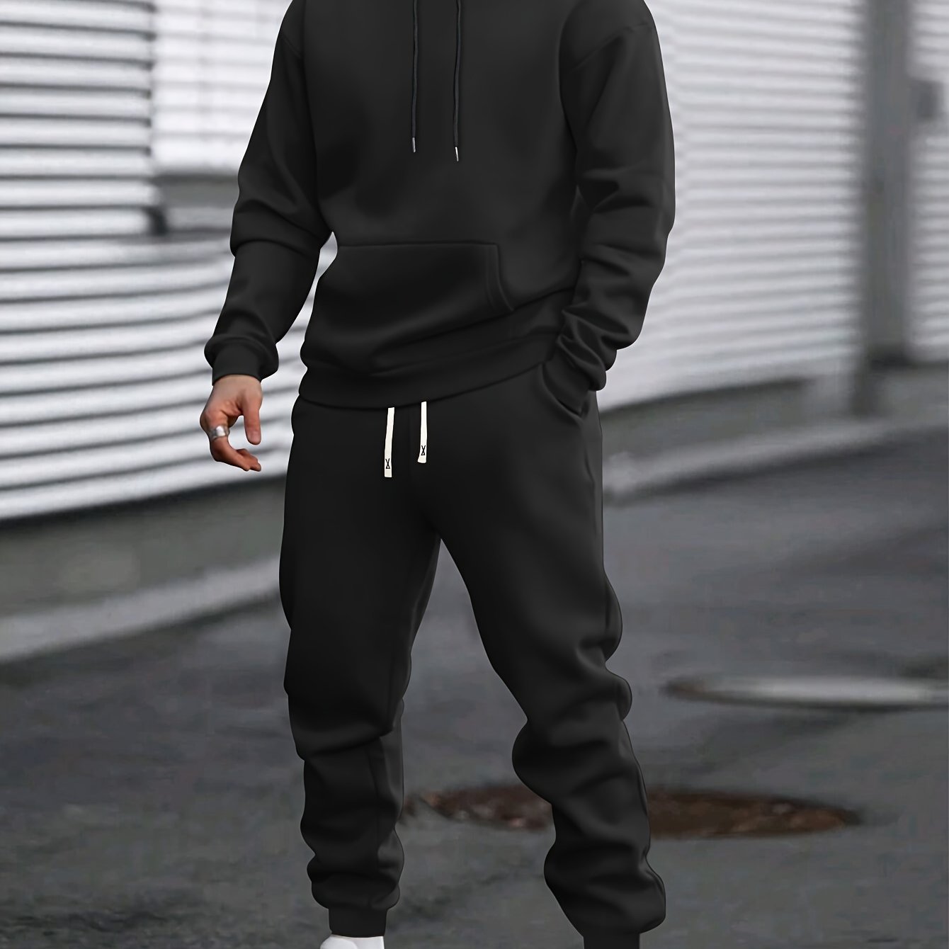 Men's Casual Sportswear Set Hoodie and Joggers Solid Color Polyester Blend Machine Washable for Spring Fall