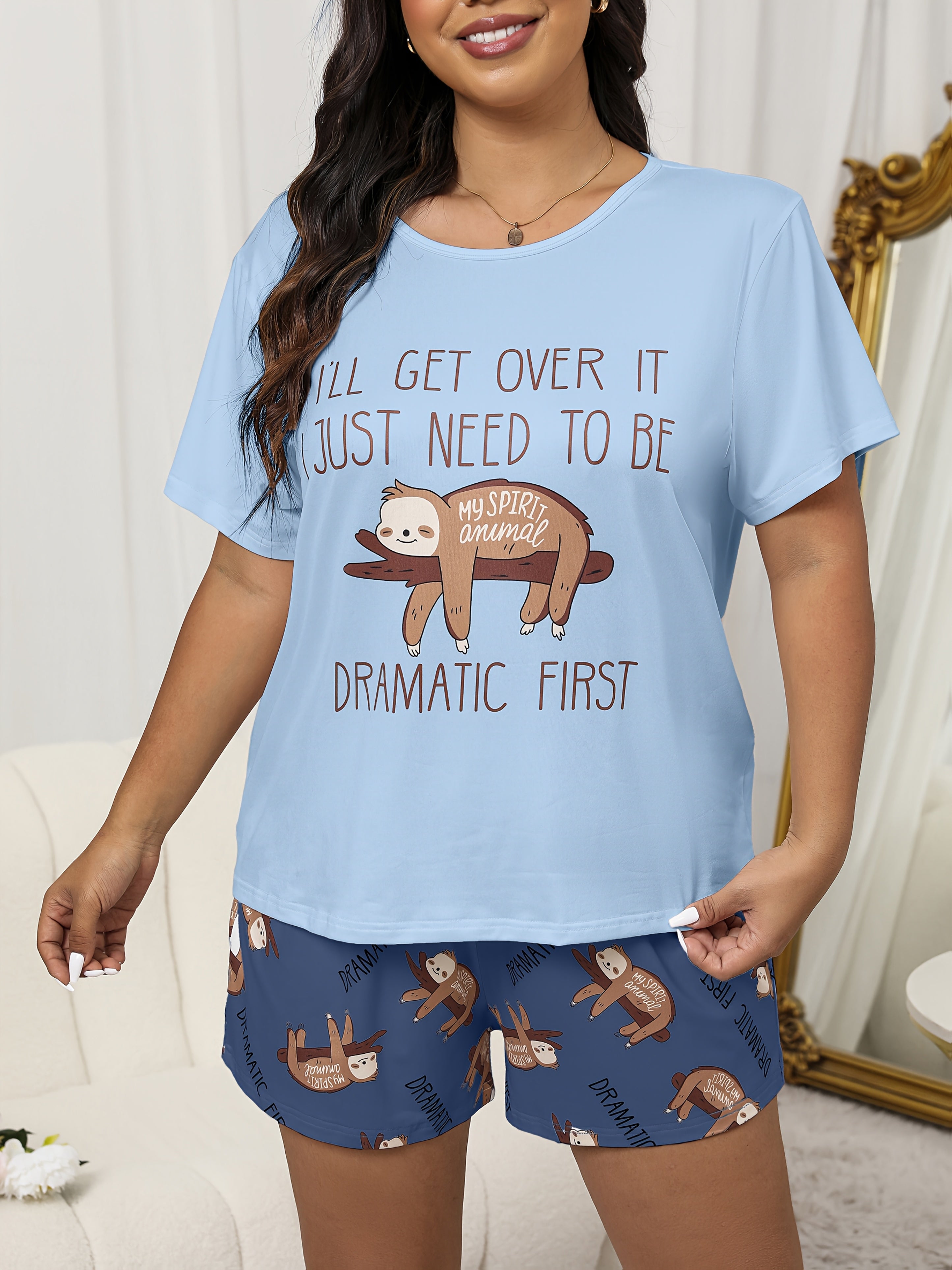 Plus Size Women's Sloth Print Pajama Set Light Blue Short Sleeve Shorts