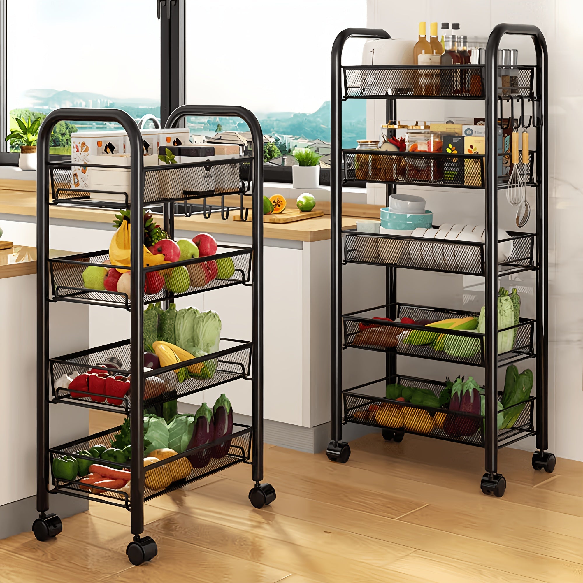 Black Mesh Rolling Wire Cart with Lockable Wheels and Metal Baskets for Kitchen Office Storage