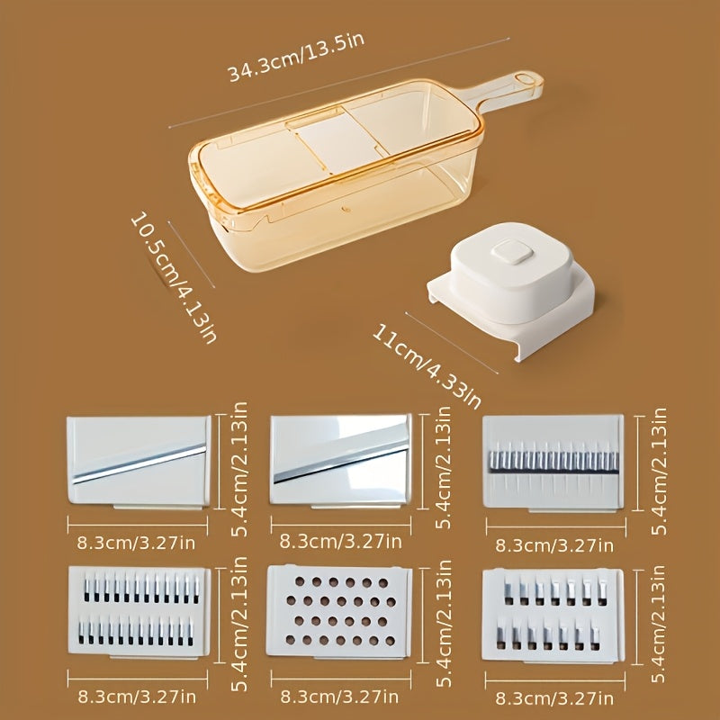 PP materialidan tayyorlangan ko‘p funksiyali maydalangan kartoshka va sabzavotlar kesgichi, batareyasiz va oziq-ovqat bilan aloqa qilish uchun xavfsiz. Qizil murchni kesish uchun ideal.