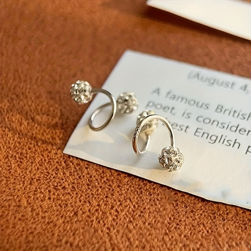 Sterling Silver and Stainless Steel Spiral Ball Earrings with Rhinestone Inlay for Daily Wear