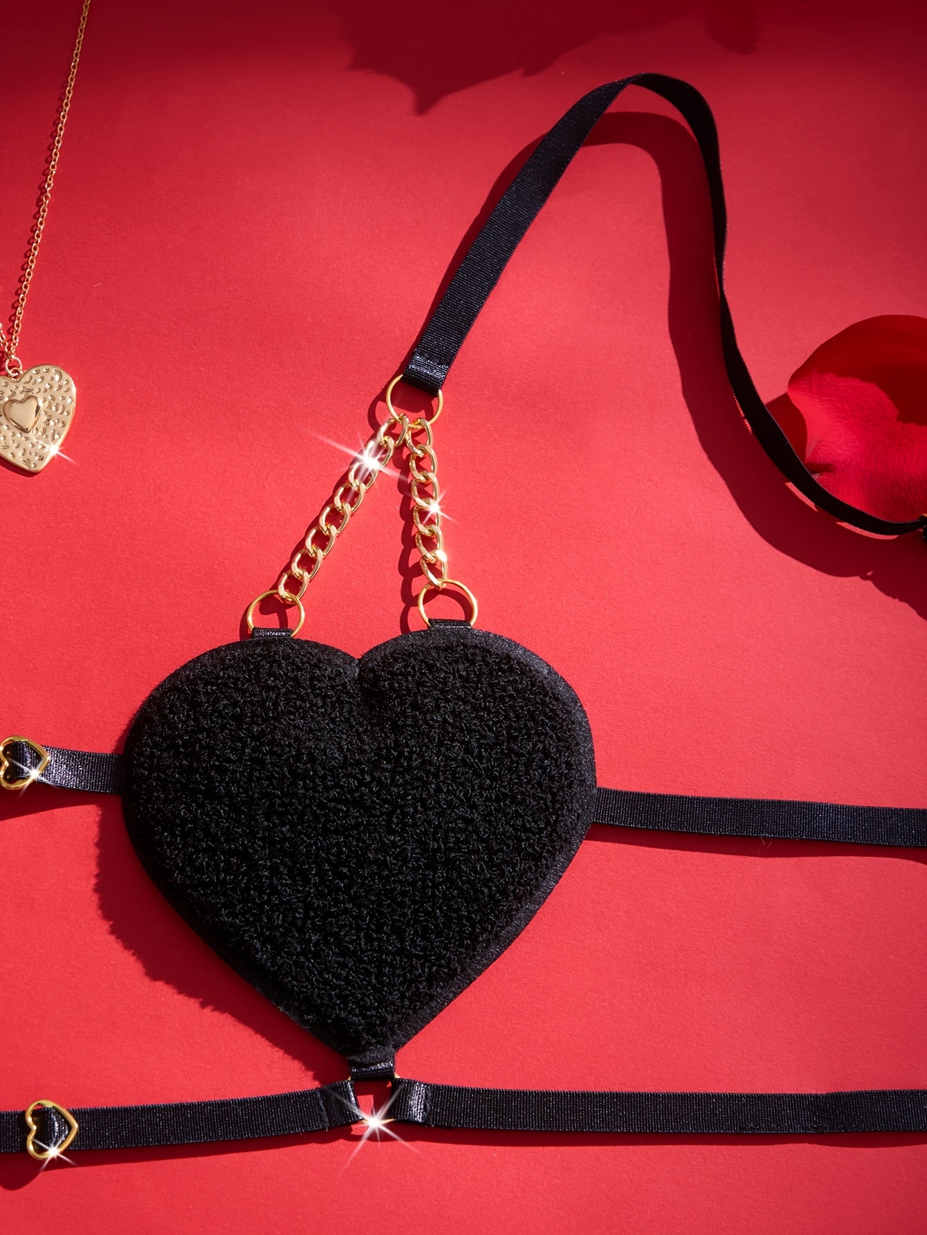 Women's Valentine's Day Lingerie Set with Gold Chain Bra and Heart Thong