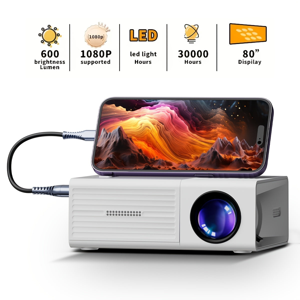 Portable Home Projector with 1080P Support, Multi-Device Compatibility