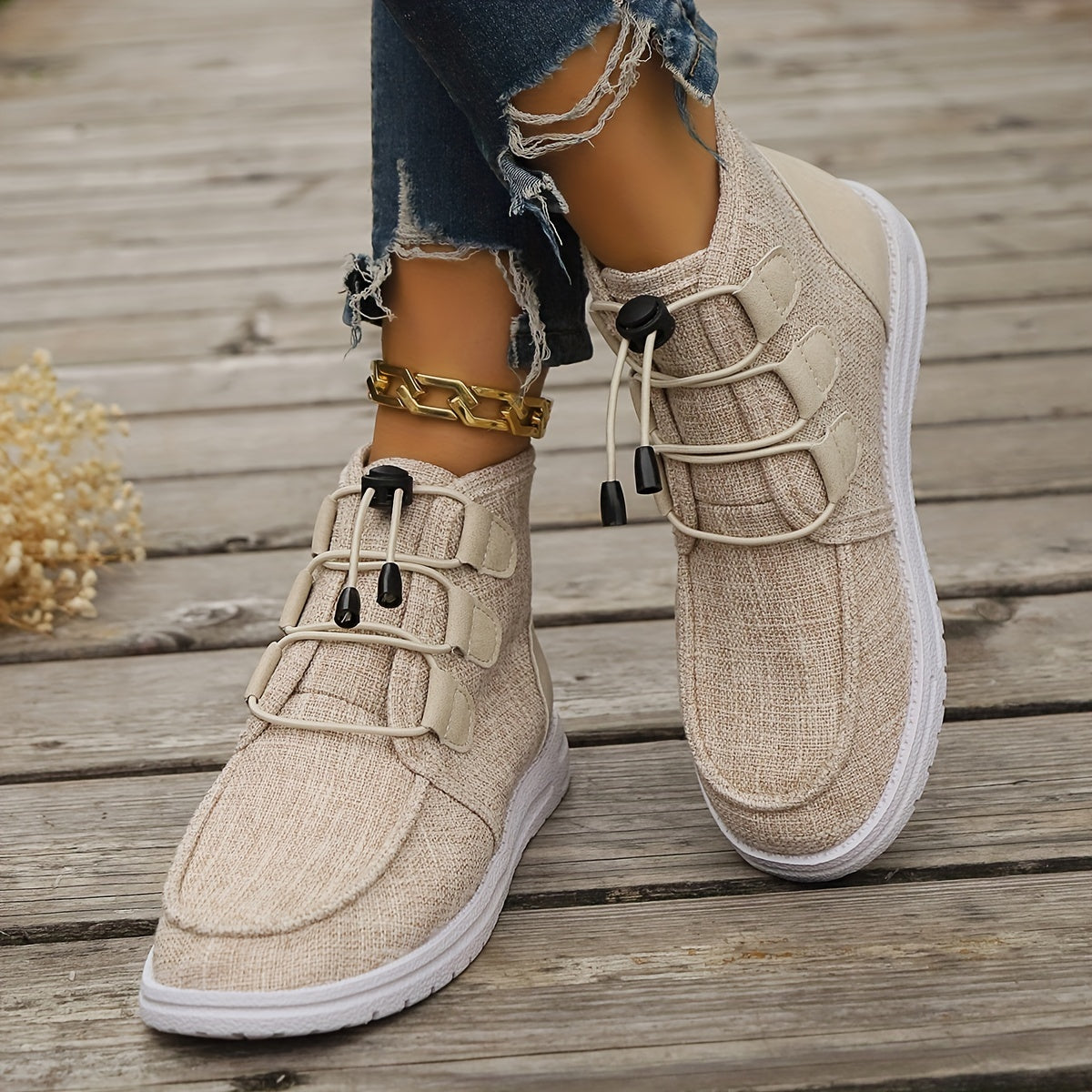 Women's Casual High-Top Sneakers Breathable Fabric Rubber Sole Beige All-Season