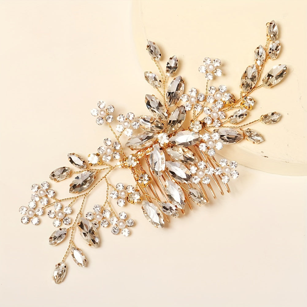 Handmade Flower Hair Comb with Horse Eye Rhinestones for Bridal Wedding Dress Accessories