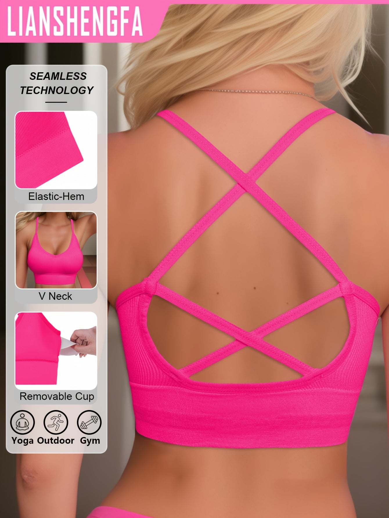 Women's Polyamide Knit Sports Bra High Support Backless Removable Padding for Yoga Fitness