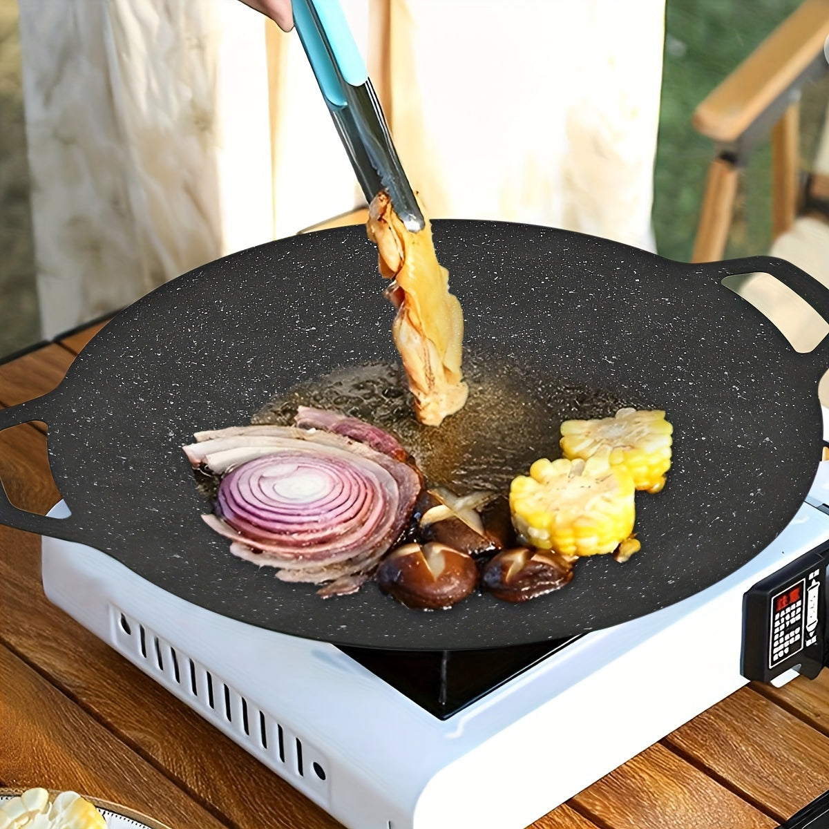 Qalayli qattiq temir BBQ tava 29.97cm, yopishqoq bo'lmagan, tutqichlar bilan, sayohat va uyda pishirish uchun