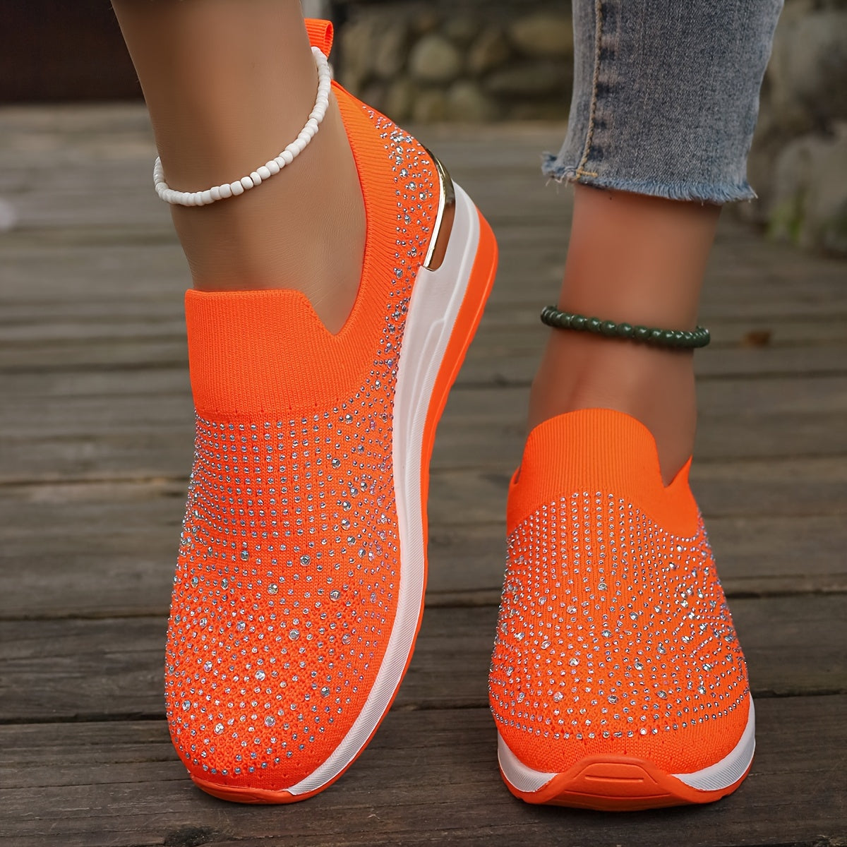 Women's Rhinestone Decor Platform Sneakers Casual Slip-On Outdoor Shoes