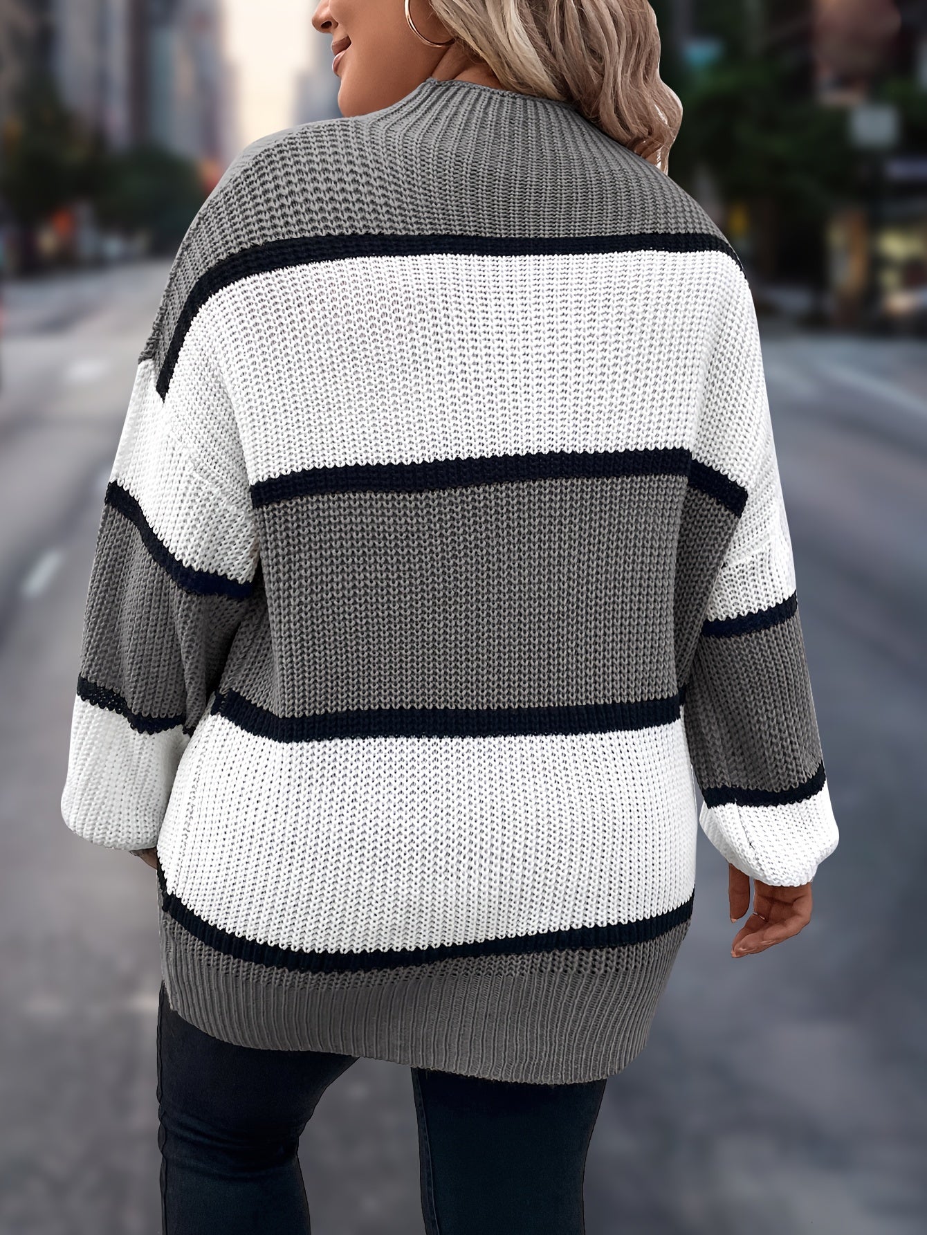 Plus Size Women's Striped Turtleneck Sweater Long Sleeve Winter Top