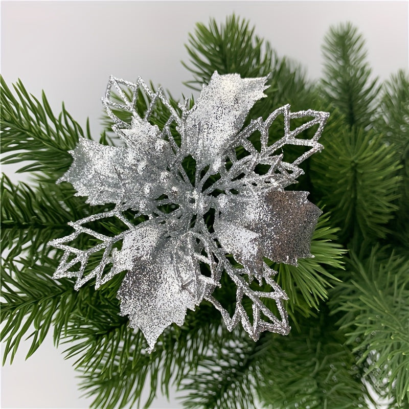 Artificial Christmas Flowers Set 10 Pieces 9cm Glitter Tree Ornaments for Holiday Decor