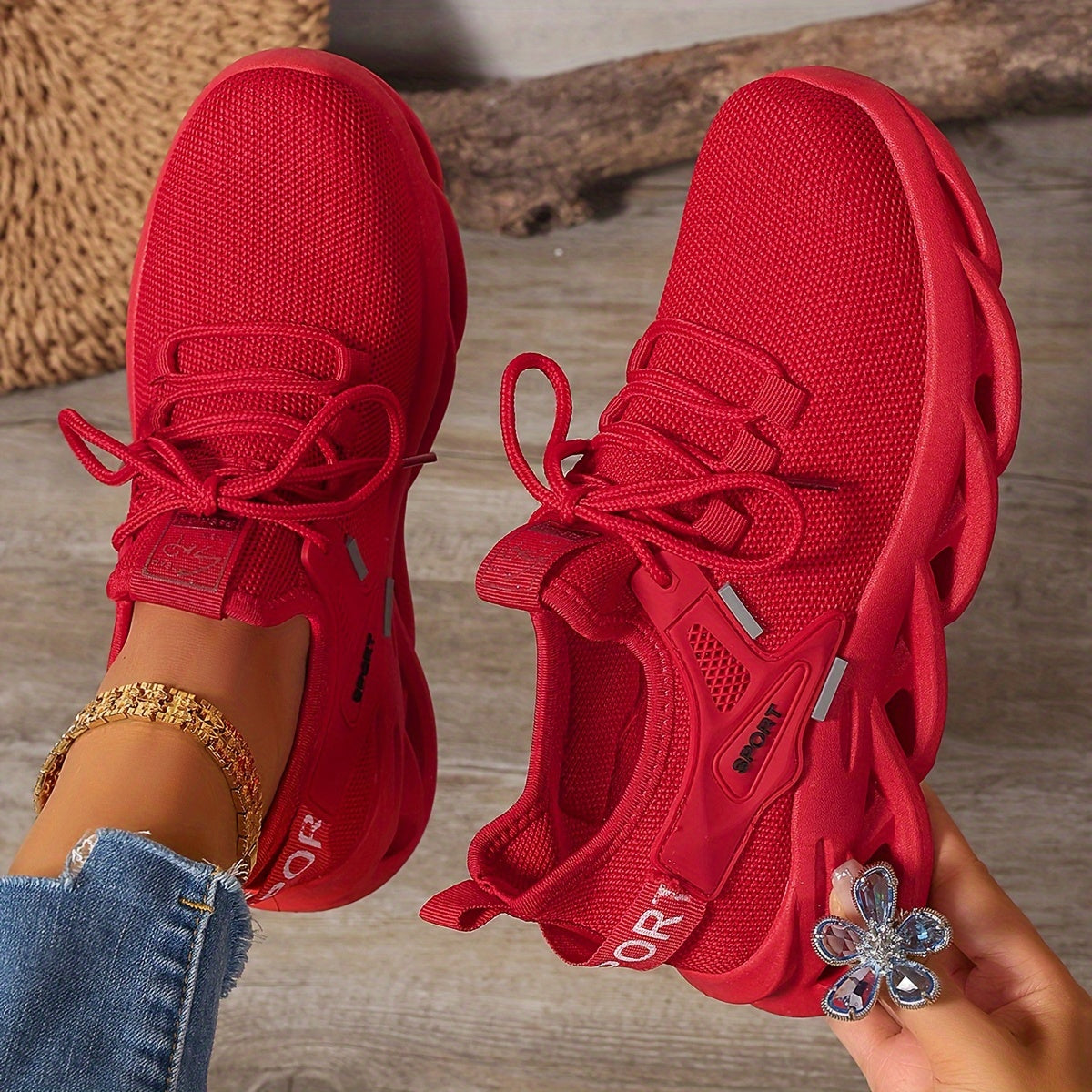 Women’s Red Breathable Knit Running Shoes Lightweight Cushion Sneakers