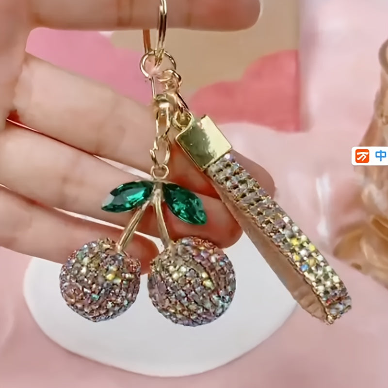 Pink Rhinestone Cherry Keychain for Women and Girls, Cute Bag Charm