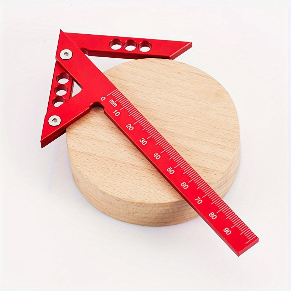 Regla de carpintería de aleación de aluminio azul con centro de marcado y medidas en pulgadas y cm