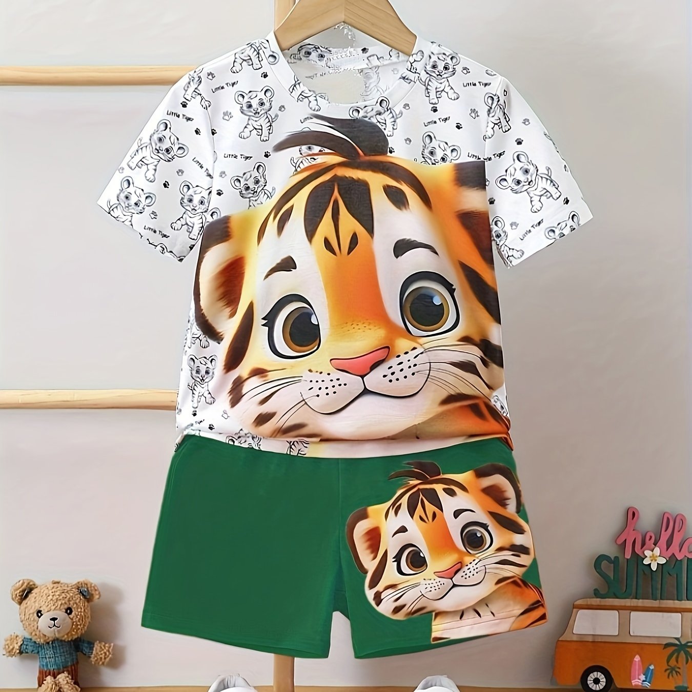 Boys Tiger Print Casual Outfit Set Short Sleeve T-Shirt and Shorts Summer Kids Clothing