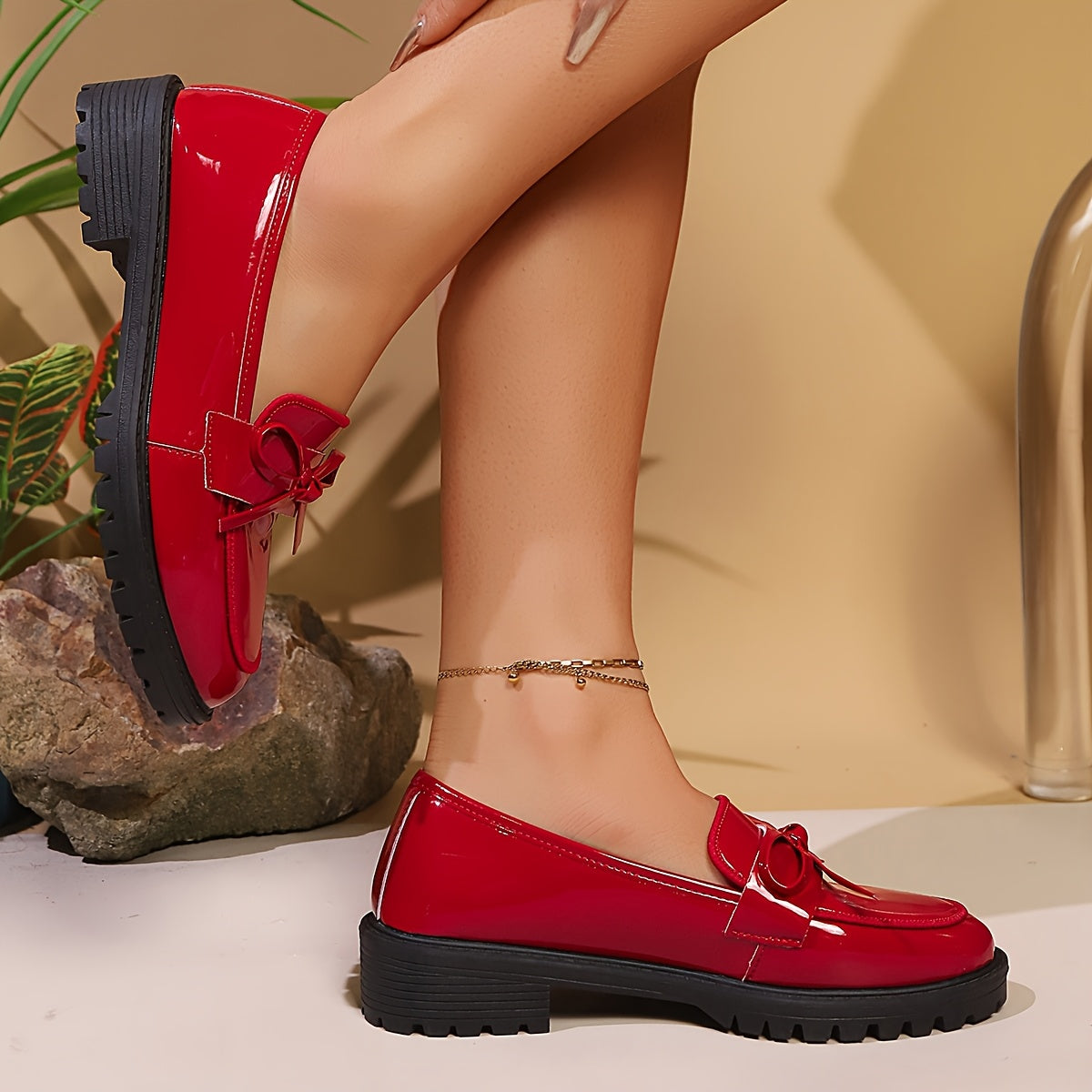 Women's Red Bow Oxford Loafers Glossy PU Slip-Resistant Comfort Sole