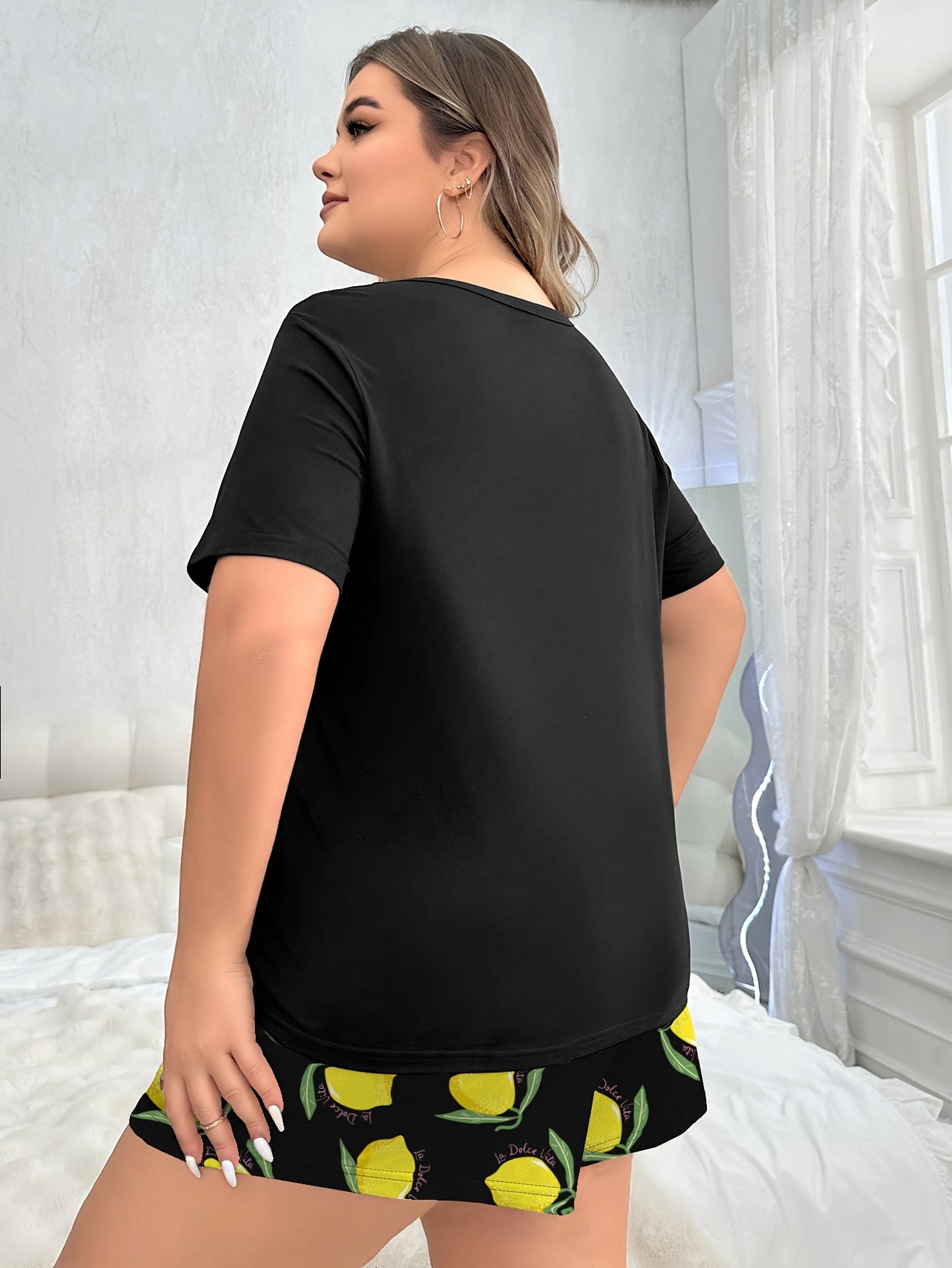 Women Plus Size Pajama Set Black Lemon Cartoon Short Sleeve Sleepwear