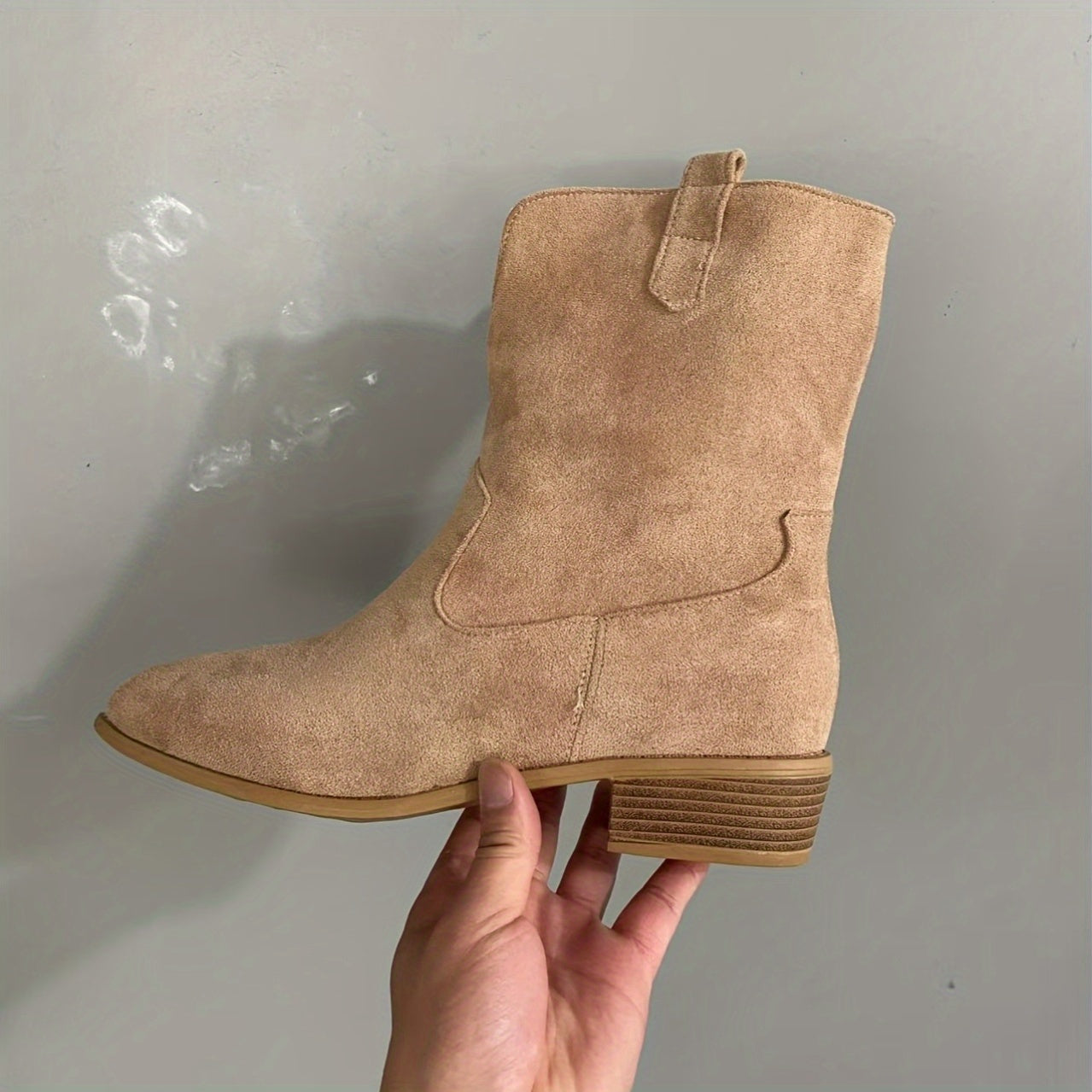 Women's Beige Slip-On Ankle Boots with Pointed Toe and Block Heel