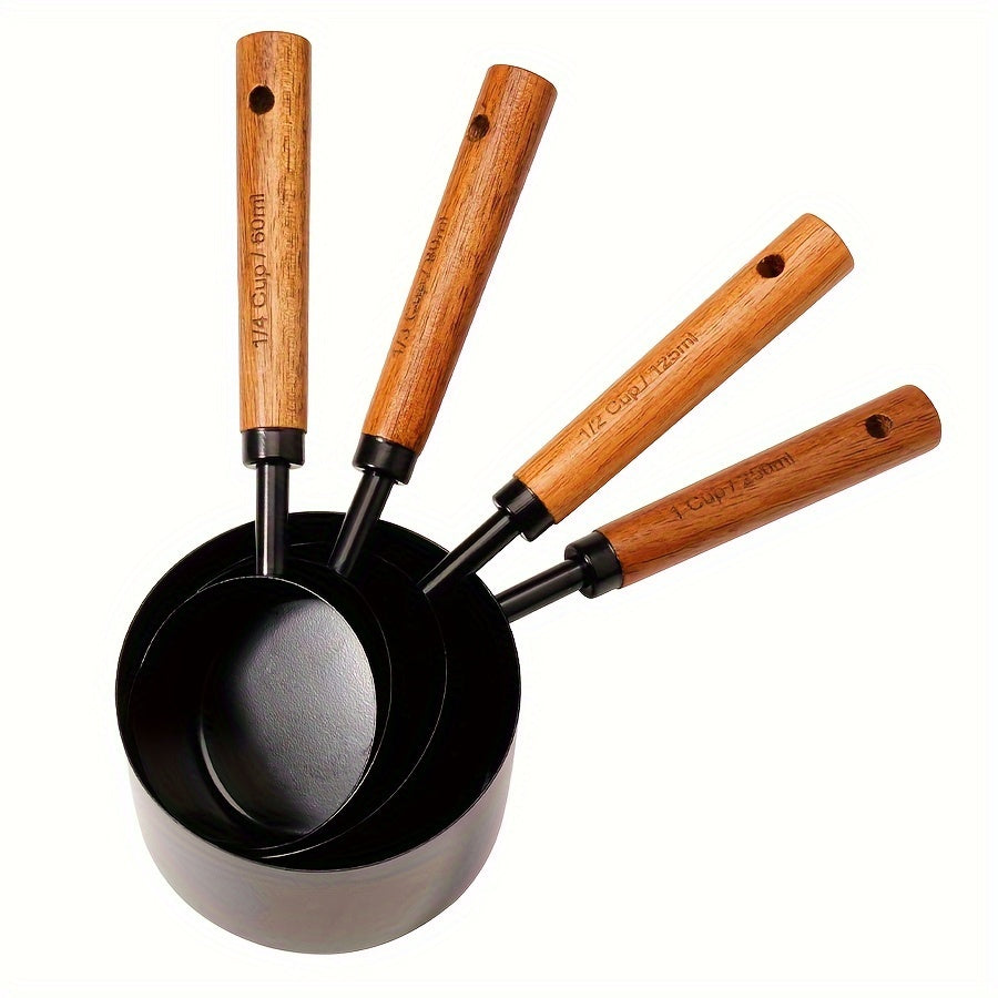 Set of 4 Stainless Steel Measuring Cups and Spoons with Wooden Handles