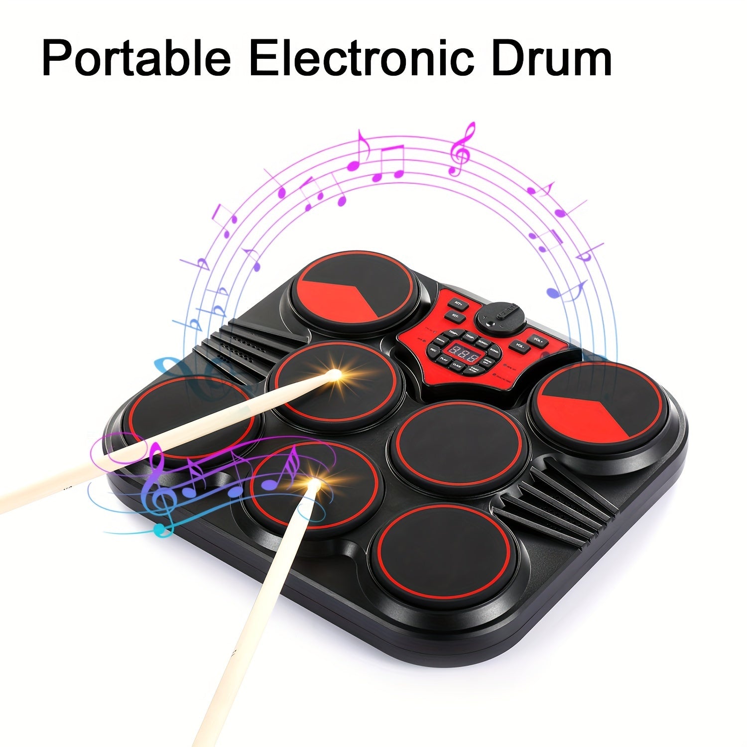 Portable Electronic Drums with Foot Pedal and Drumsticks Black 10H Playback USB Recording