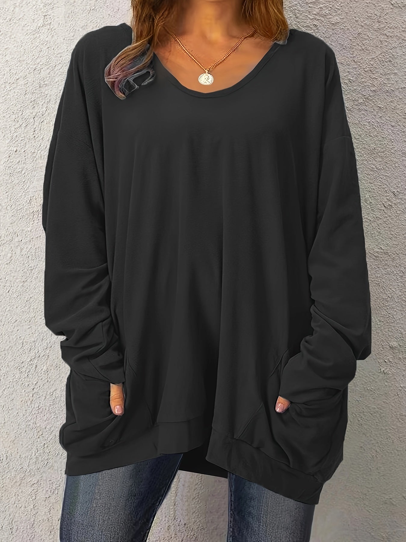 Women's Plus Size Long Sleeve Solid Oversized Top With Pockets