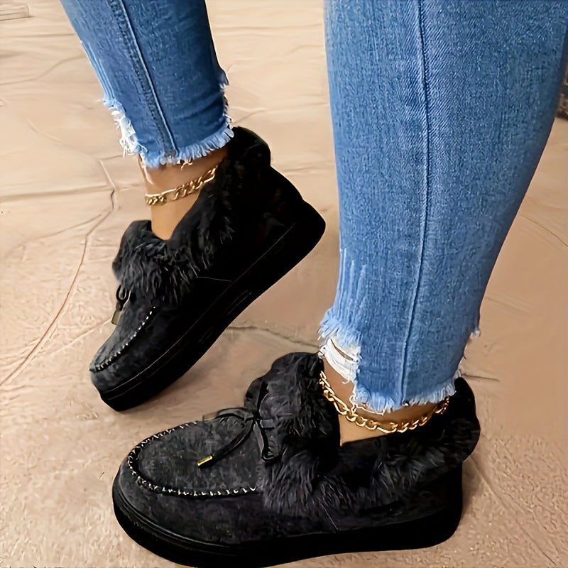 Women's Fuzzy Fleece Slip-On Sneakers Warm Winter Casual Solid Color