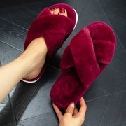 Zapatillas de felpa para mujer con punta abierta y correa cruzada, comodidad en interiores, suela de EVA