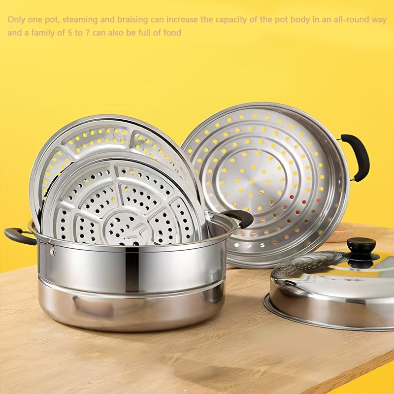 Stainless Steel Double-Layer Steamer Pot with Lid for Induction Cooktops