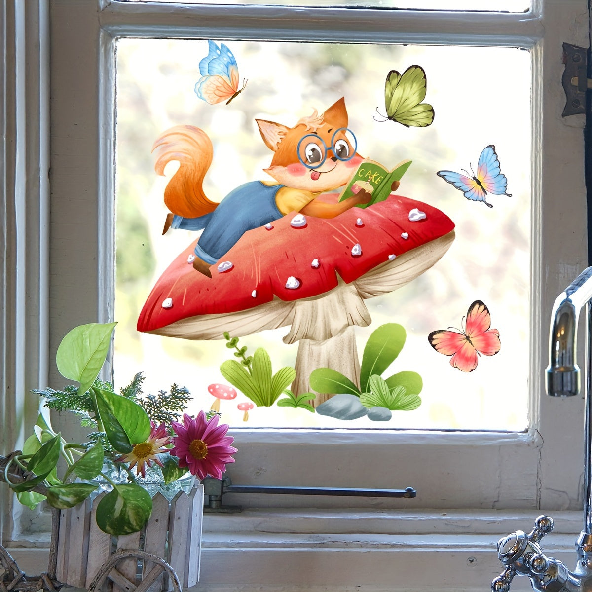 Double-Sided Window Clings Fox and Mushroom Butterfly Decor for Home