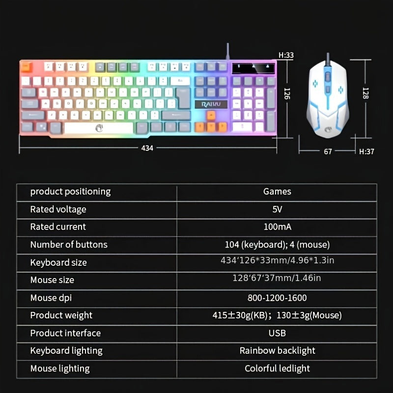Set de ratón y teclado para juegos con cable y teclas retroiluminadas de 3 colores para juegos competitivos