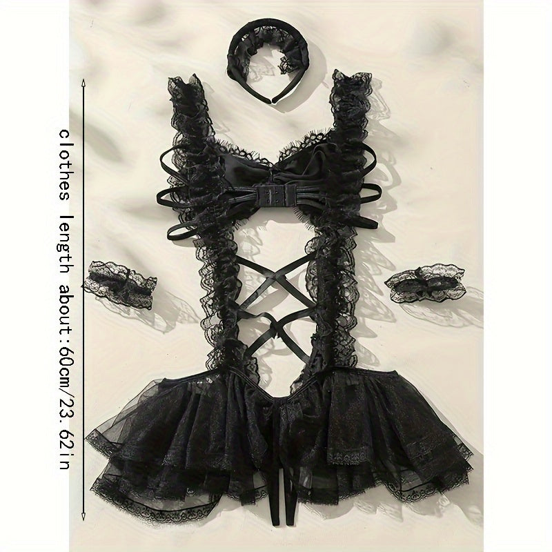 Adult Loungewear Set Mesh Jumpsuit with Lace Trim and Geometric Patterns