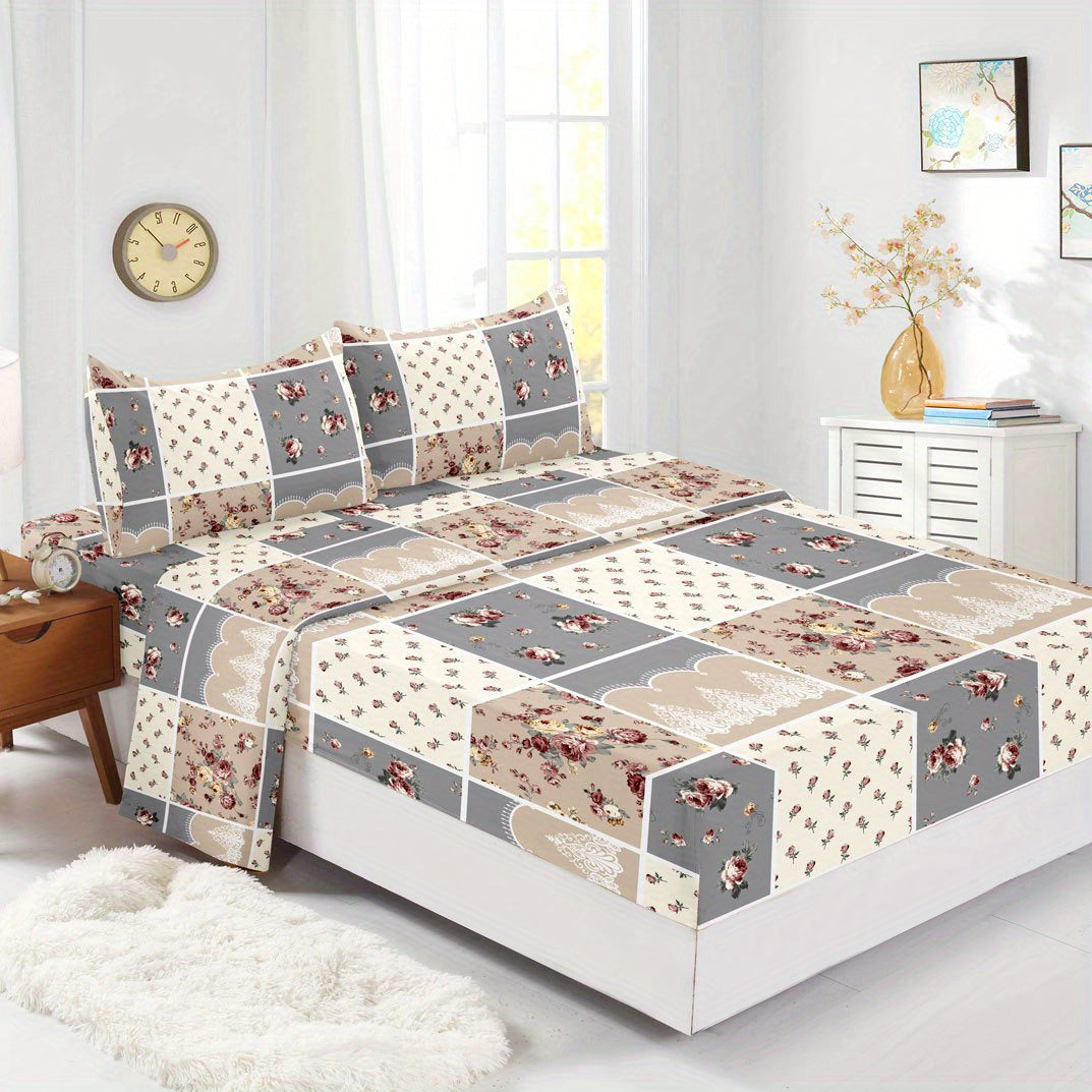 Set of 4 Flower Stitching Print Fitted Sheets Bedding Set Soft Breathable for Bedroom Guest Room Dorm