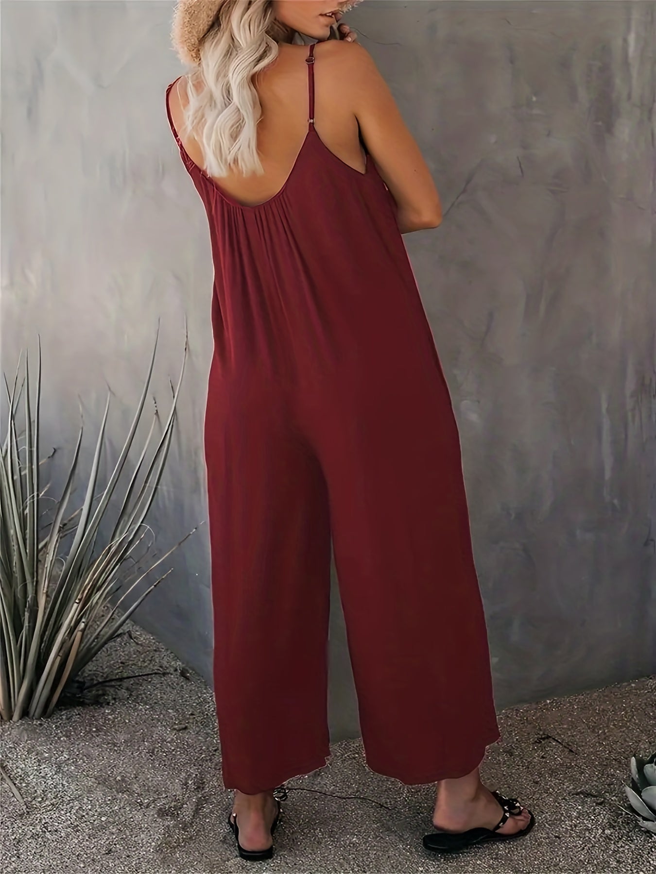 Plus Size Women Solid V Neck Wide Leg Summer Cami Jumpsuit