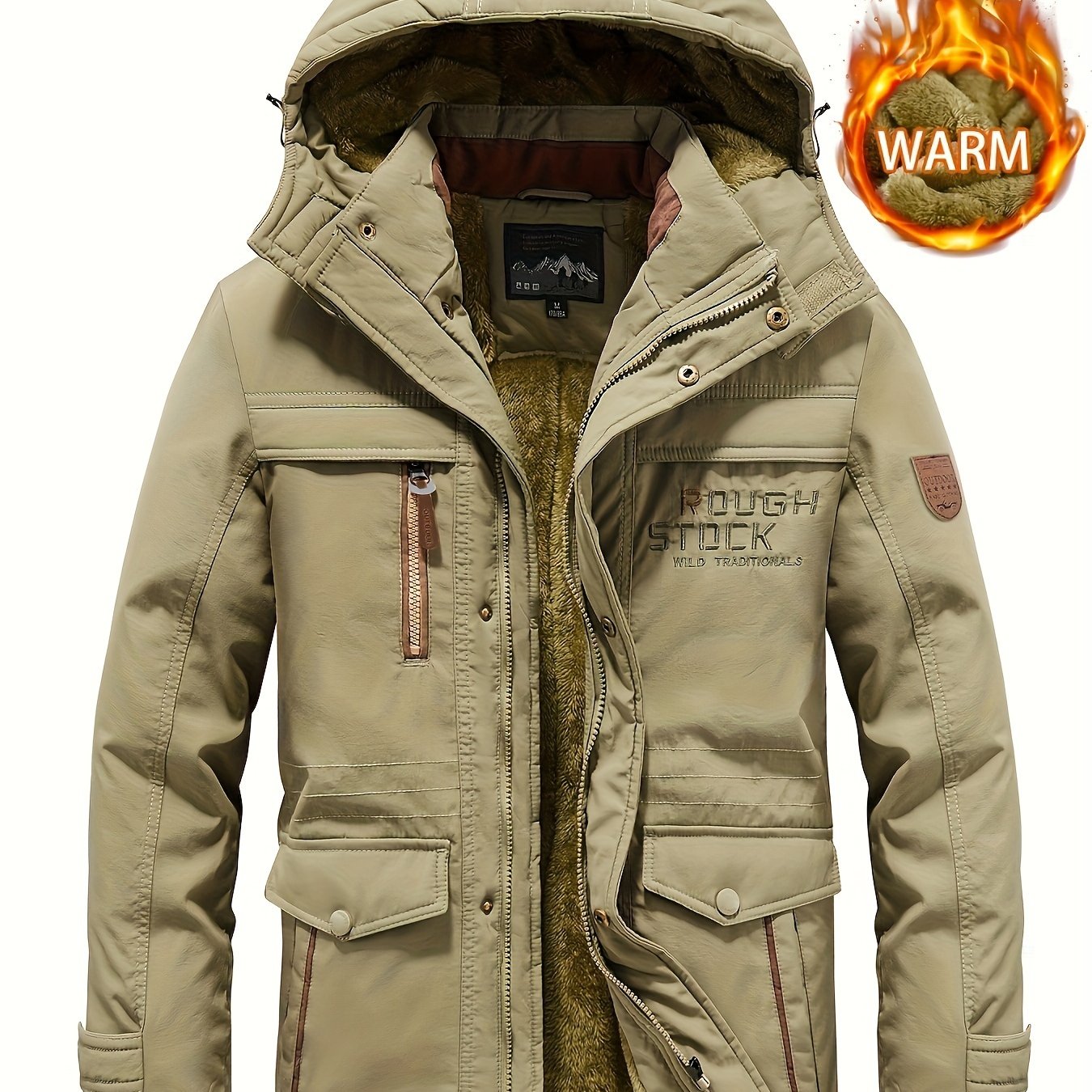 Qalin qish palto, velur astar bilan, ko'p cho'ntakli dizayn, qo'shimcha issiqlik va sovuq qarshilik uchun kapuchonli.