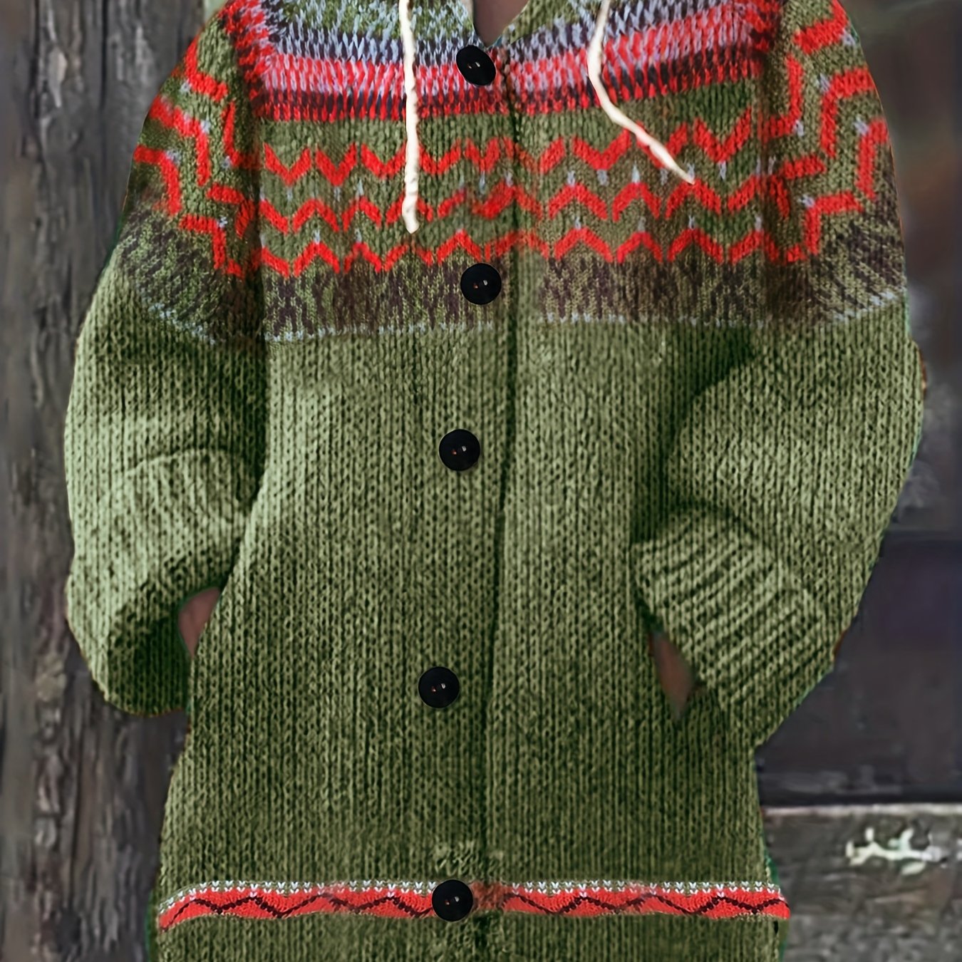 Plus o'lchamli ayollar uchun geometrik naqshli kapüşonli kardigan issiq qish uzun qolli ochiq oldi sviter