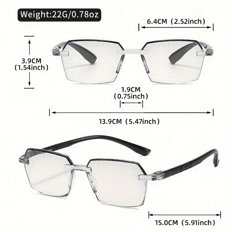 Unframed Rectangular Reading Glasses 3 Pairs Lightweight Comfortable Diopter +1.0 to +4.0