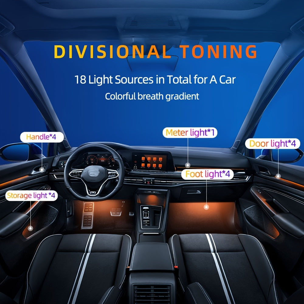 WRWD RGB Симфония LED Автомобильные атмосферные огни с управлением через приложение; Универсальное 12V внутреннее оформление, несколько режимов; Жесткая проводка, не водонепроницаемое, батарея не требуется.