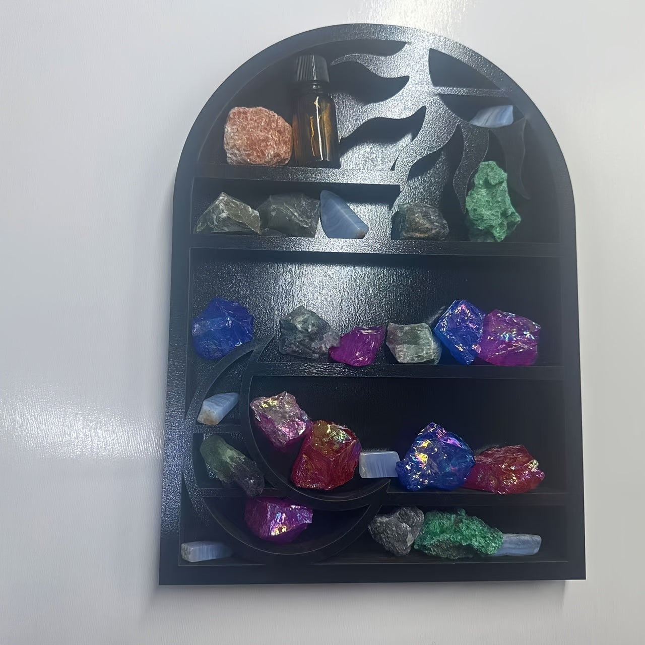 Rustik Oy va Quyosh Yog'och Devor Raffi Kristallar va Aromaterapiya uchun - Uy Bezash, Stol Tashkiliyati va Kristal Ko'rsatish uchun Ideal