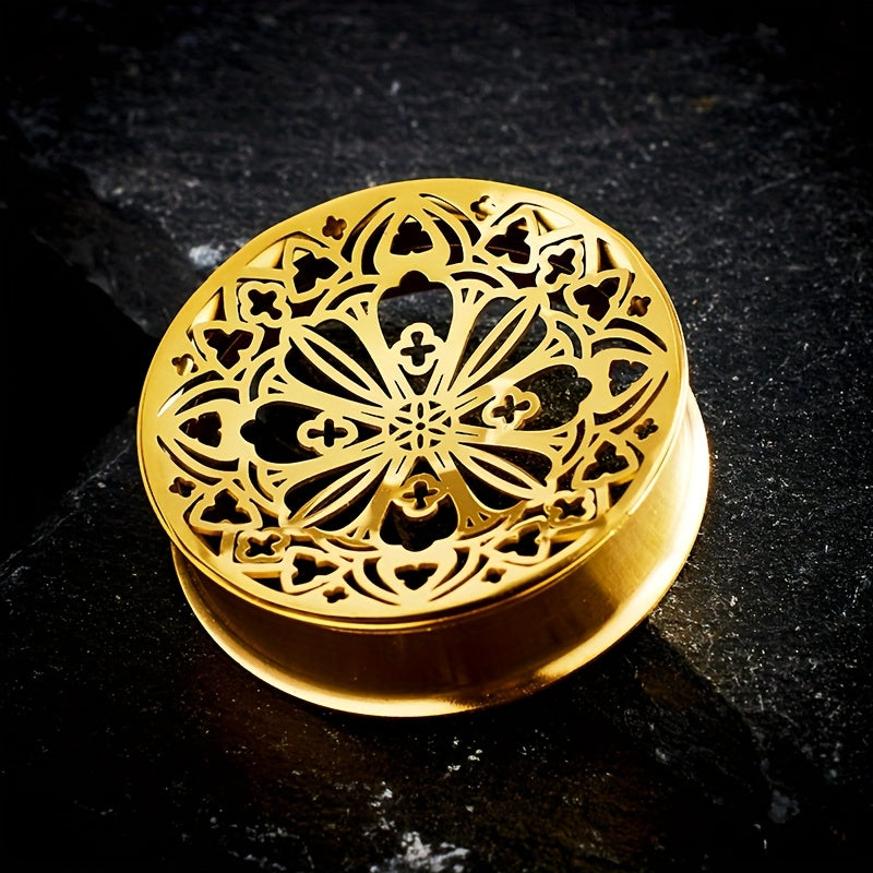 2 ta Hip Hop zanglamas po'latdan yasalgan quloq kengaytmalari to'plami, oltin gullar dizayni bilan - Har kuni kiyish va partiyalar uchun ideal. Kengaytiriluvchi yoki tunel sifatida ishlatilishi mumkin.