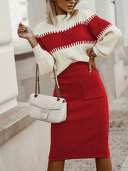 Women's Ribbed Color Block Knit Sweater and Midi Skirt Two-Piece Set