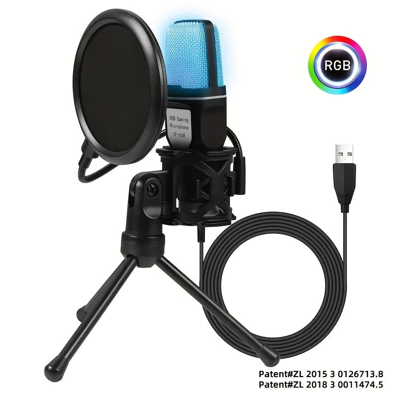 USB Condenser Microphone for Gaming Streaming Podcast with Mute, RGB Light, Tripod and Gain Control