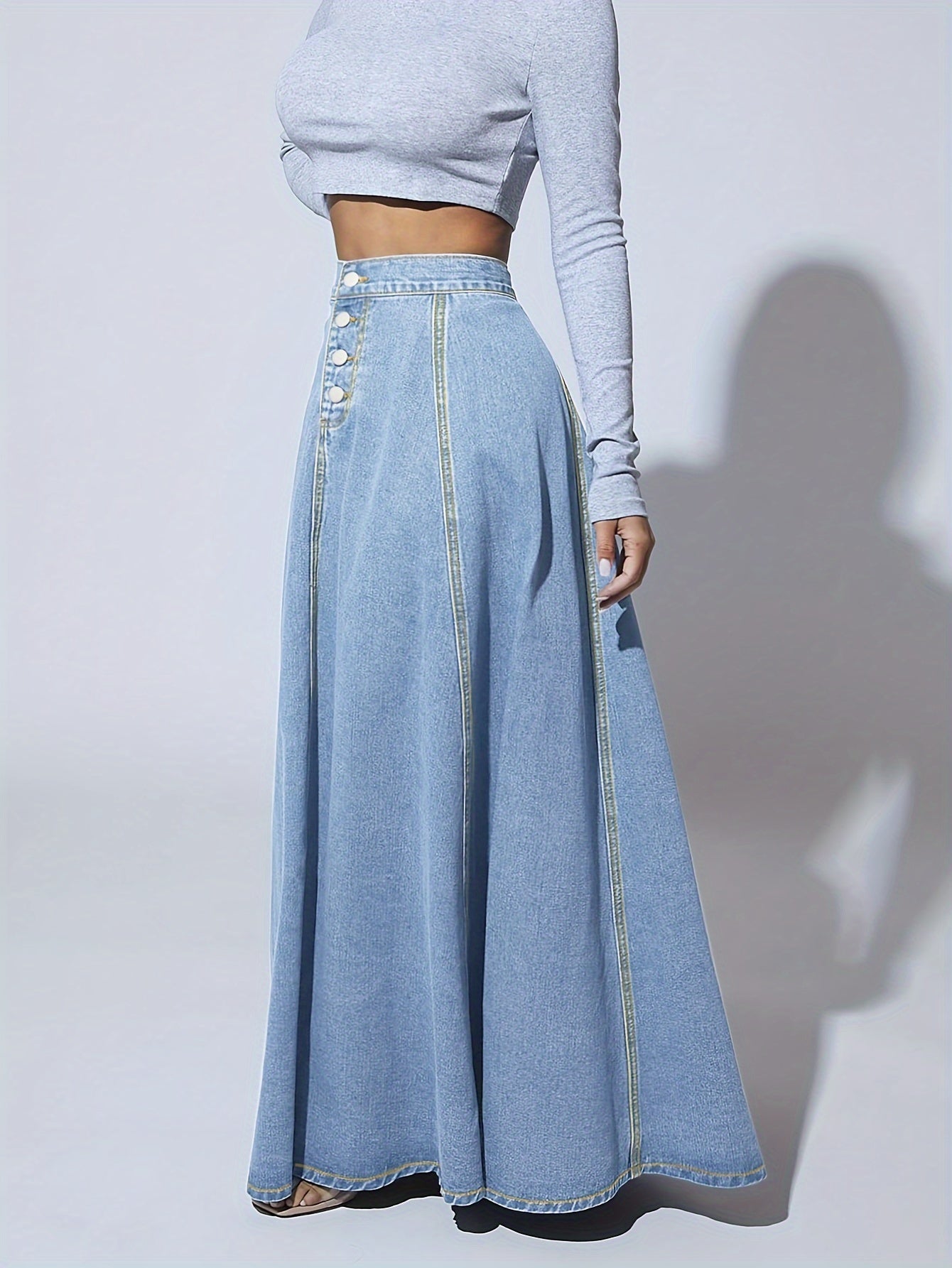 Women's High-Rise Washed Blue Denim Flared Skirt for Tall Individuals