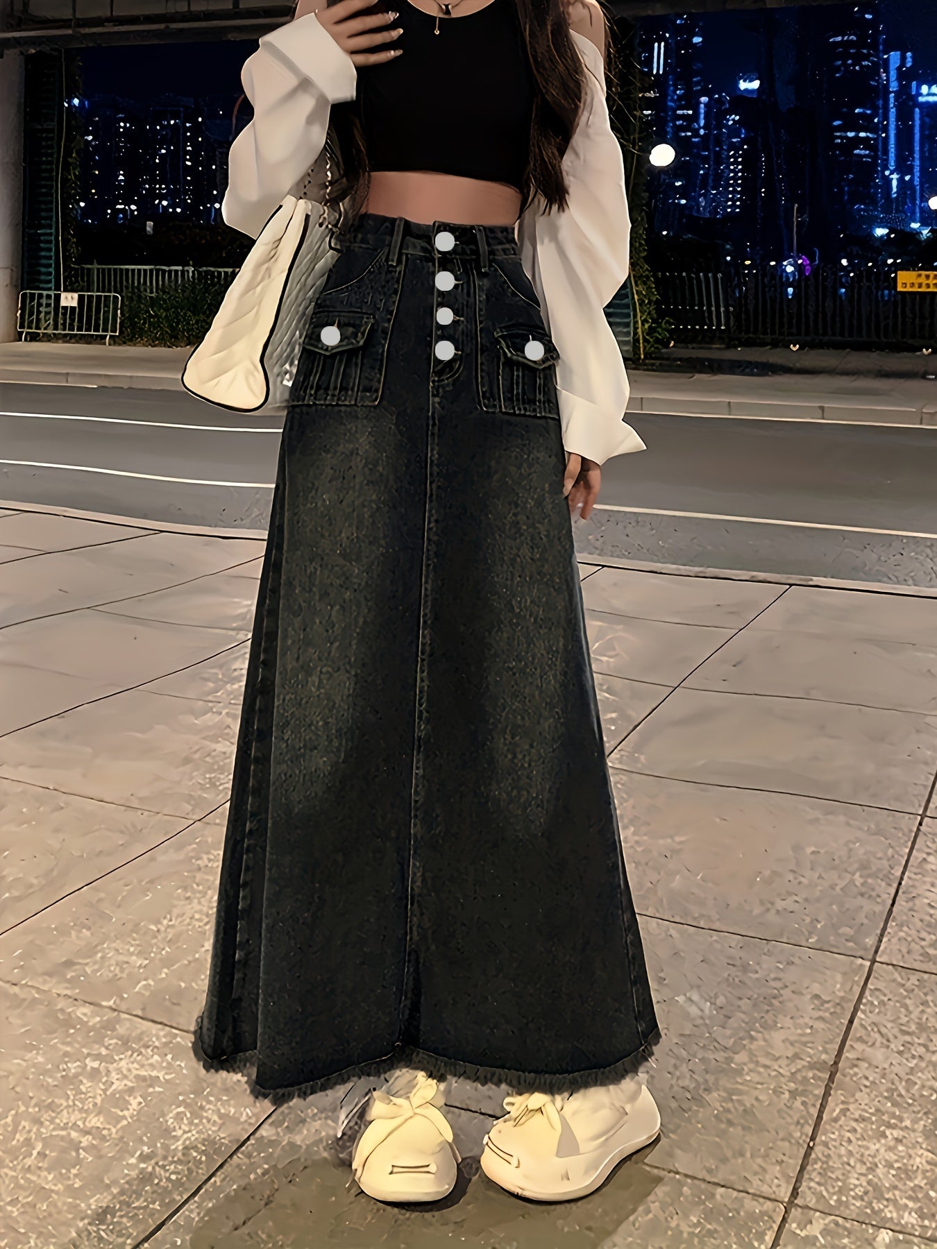 Women Denim Midi Skirt High-Waist Button Frayed Hem Casual Spring Summer Fall