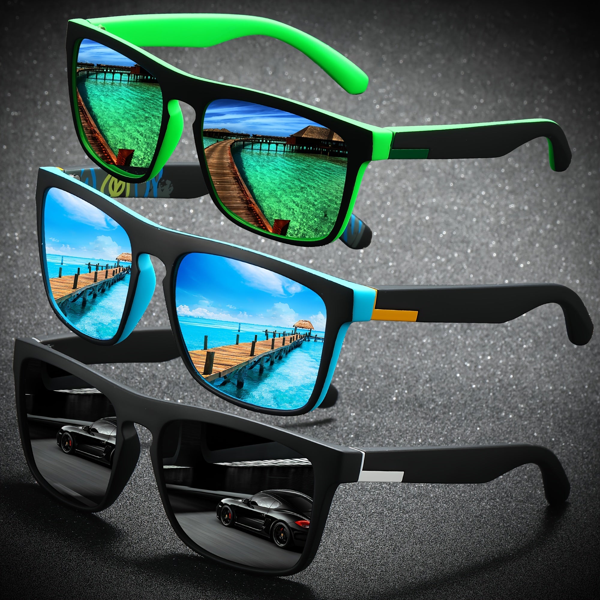 Square Sunglasses for Men and Women 3 Pairs Colorful Coated Lenses Outdoor Sports