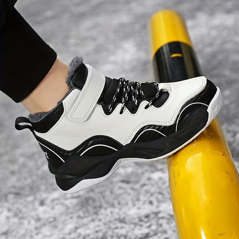 Kids Winter Basketball Sneakers High-Top Fleece-Lined Non-Slip Casual Outdoor Black White