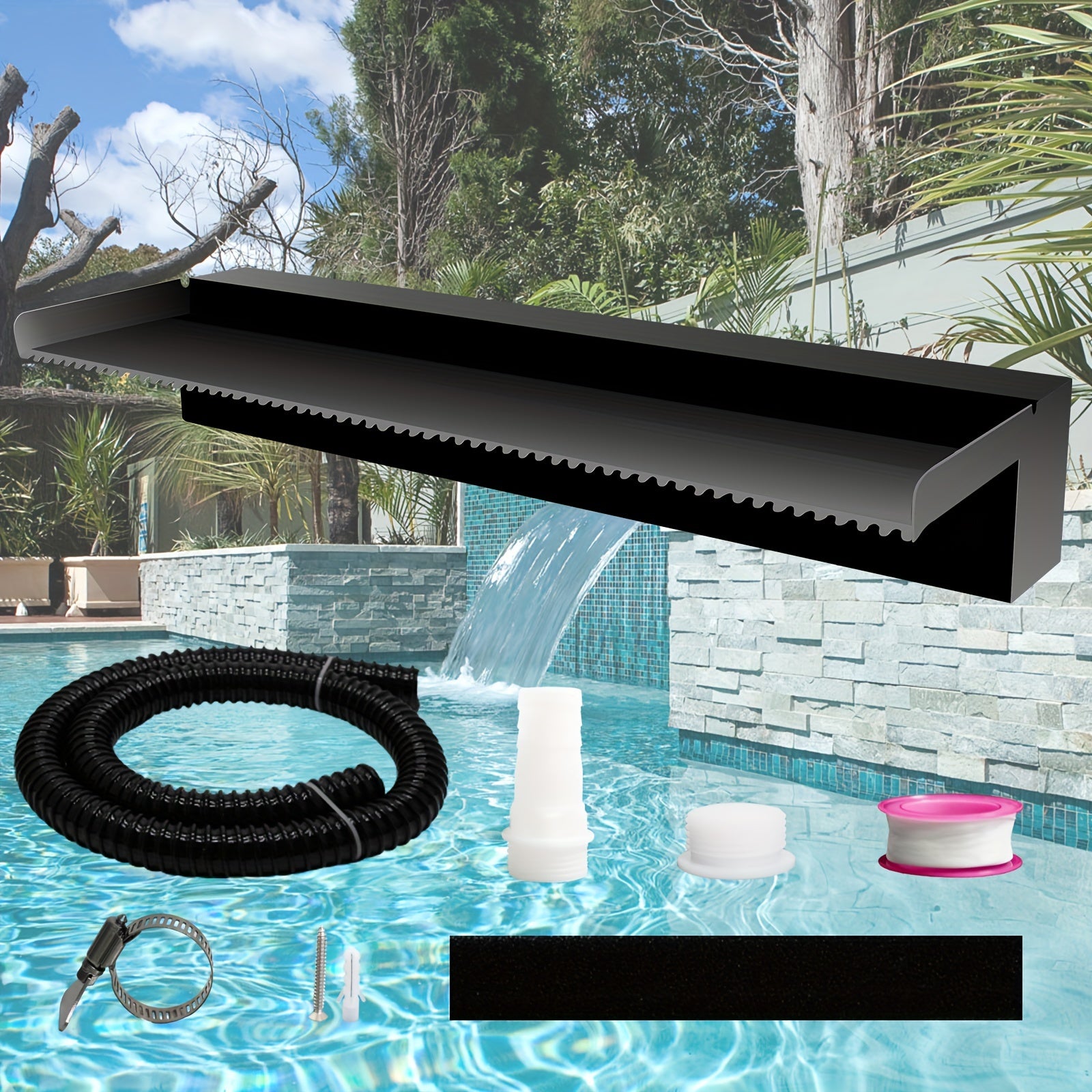 Kit de desagüe de cascada para estanque de acero inoxidable con acabado en polvo negro, manguera y accesorios