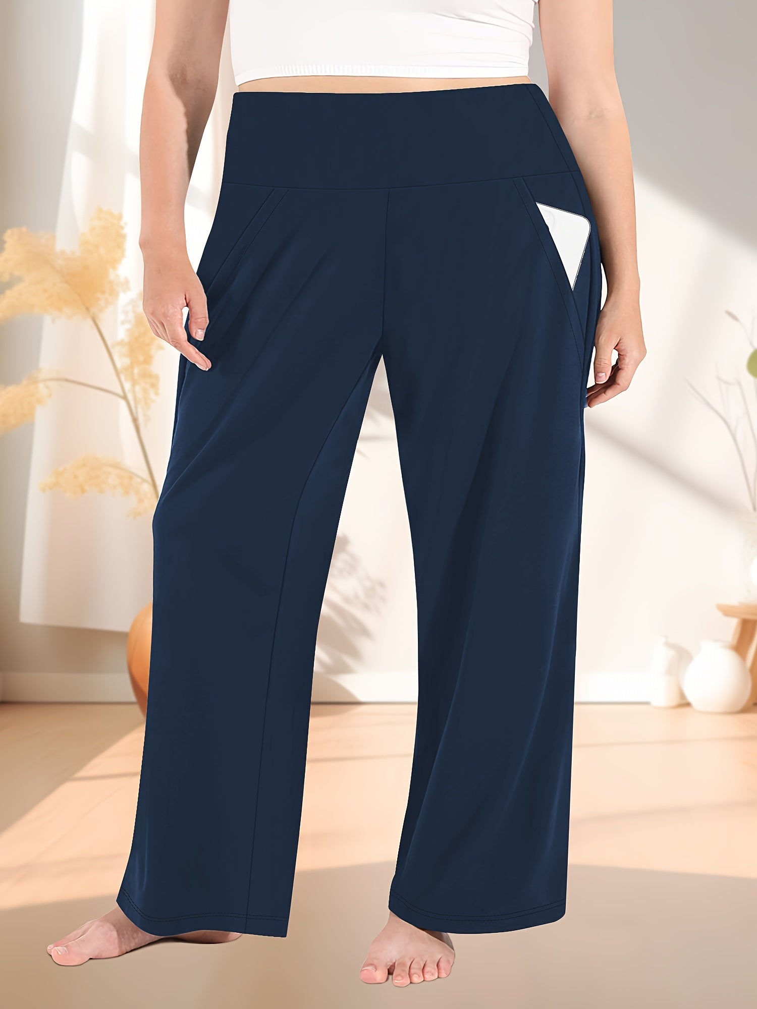 Women's Plus Size High-Waisted Wide Leg Breathable Yoga Pants With Pockets